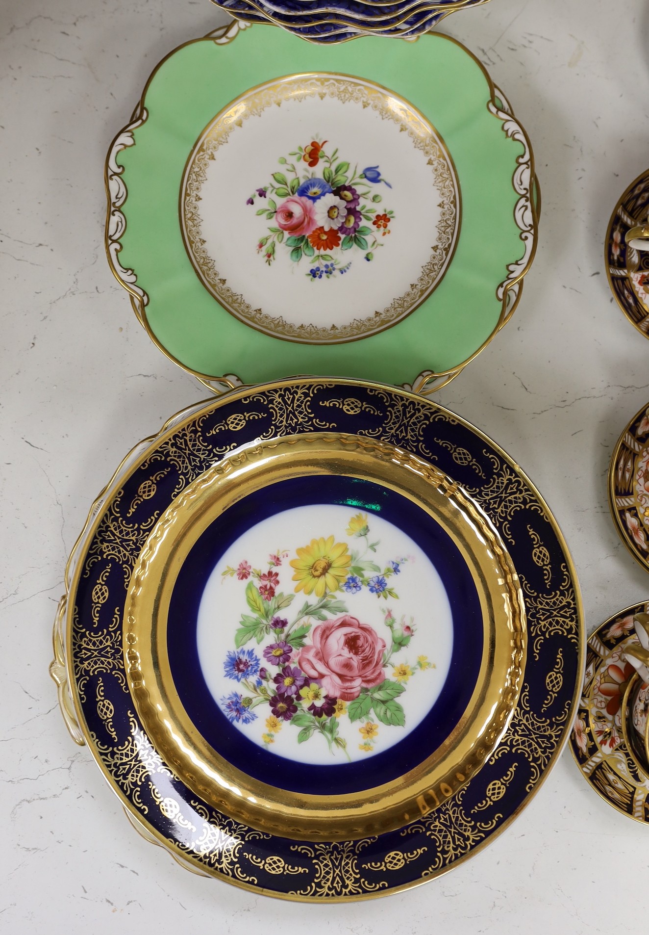 A selection of mixed 19th century ceramics, to include A Wedgwood aesthetic period part dessert service, Royal Crown Derby tea ware, a silver mounted decanter, etc.